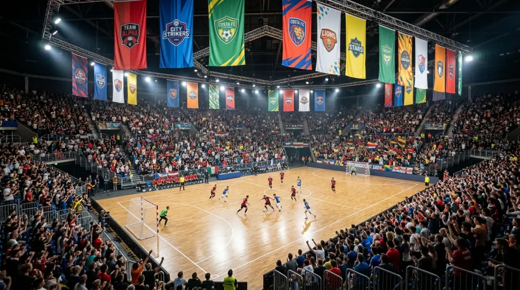 Pabellón deportivo preparado para un torneo de fútbol sala con público en las gradas