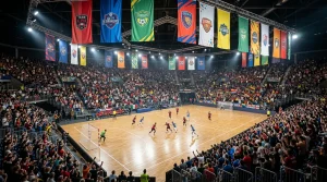 Pabellón deportivo preparado para un torneo de fútbol sala con público en las gradas