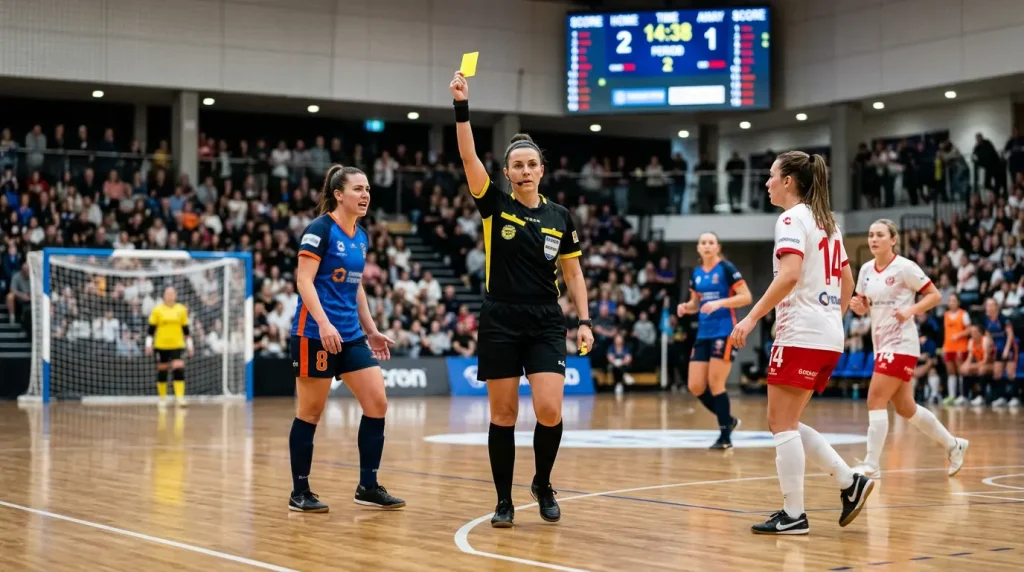 Árbitro de futsal mostrando tarjeta durante un partido con jugadores alrededor