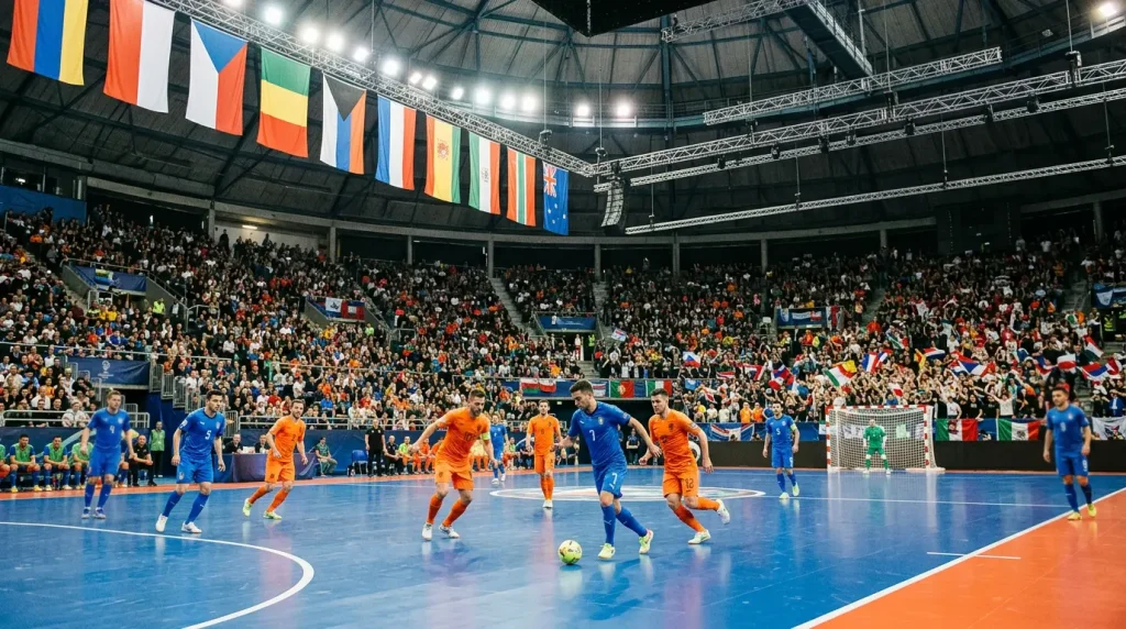 Selecciones compitiendo en un torneo internacional de futsal con banderas en el pabellón