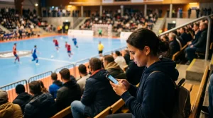 Persona consultando su teléfono móvil durante un partido de fútbol sala en un pabellón