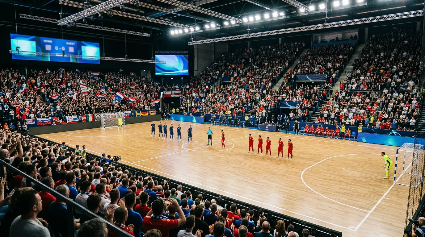 Vista general de un pabellón lleno de público durante una final de fútbol sala con iluminación profesional