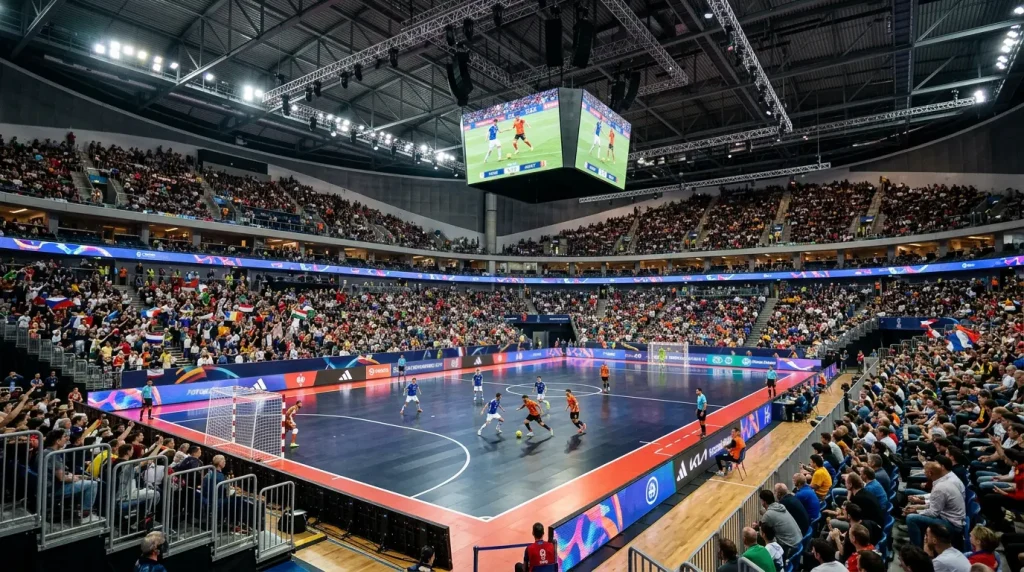 Pabellón moderno de futsal lleno de espectadores durante un evento internacional