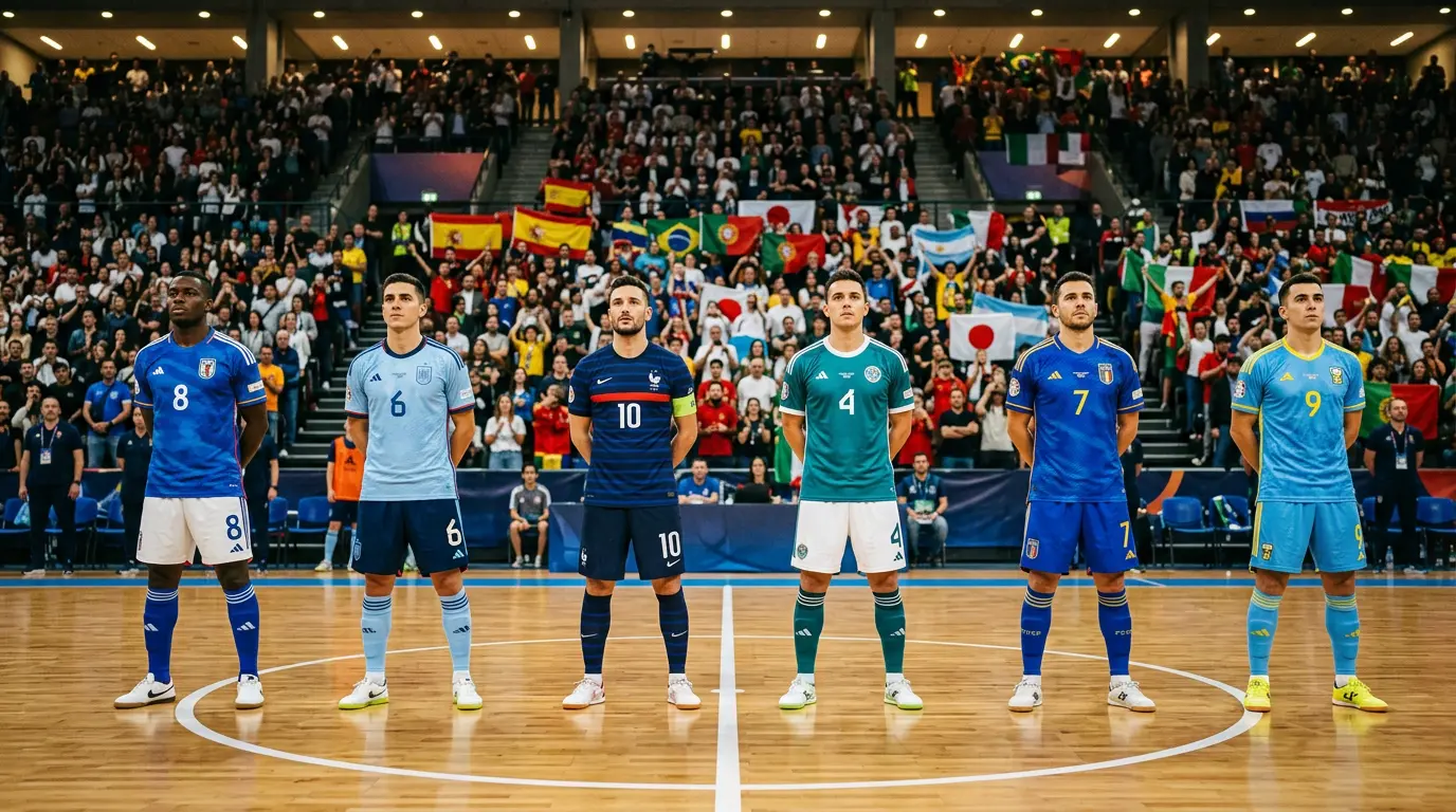 Jugadores de fútbol sala de distintas selecciones nacionales saludando al público en un torneo internacional