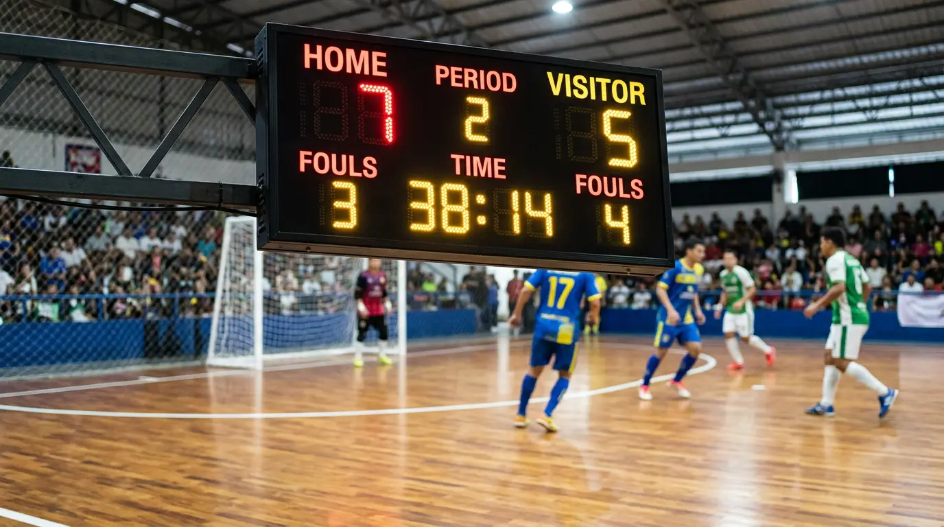 Marcador electrónico de un pabellón de fútbol sala mostrando un resultado alto durante un partido