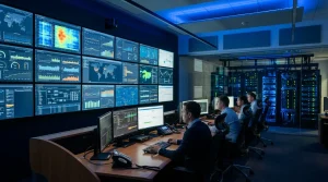 Sala de control con pantallas de monitorización representando supervisión tecnológica