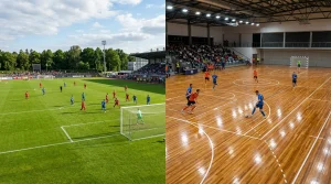 Comparación visual entre un campo de fútbol y una pista de fútbol sala