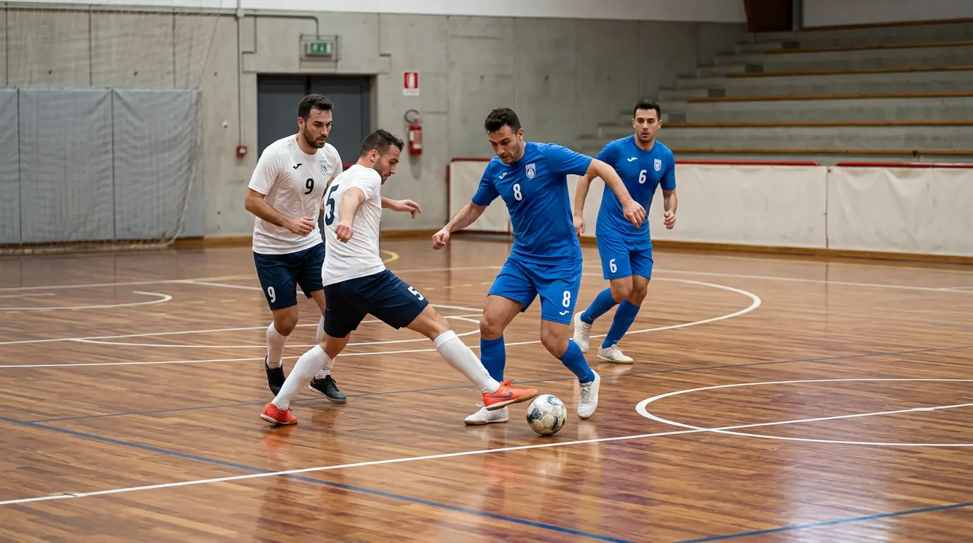 Jugadores de fútbol sala disputando un balón en una pista cubierta con líneas marcadas