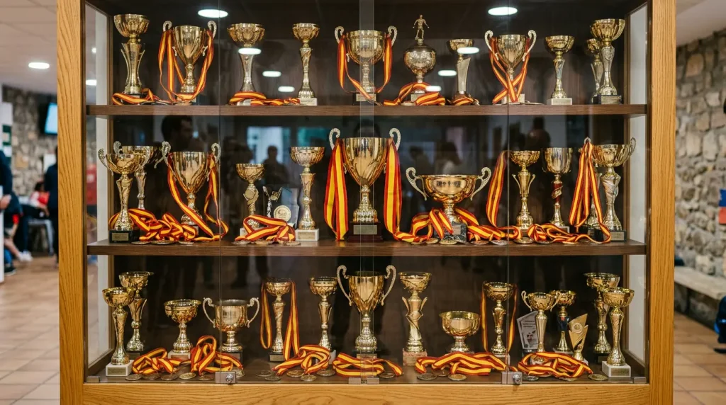 Trofeos y medallas de fútbol sala expuestos en una vitrina deportiva