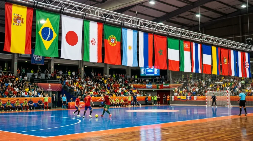 Banderas de múltiples países en un evento internacional de futsal