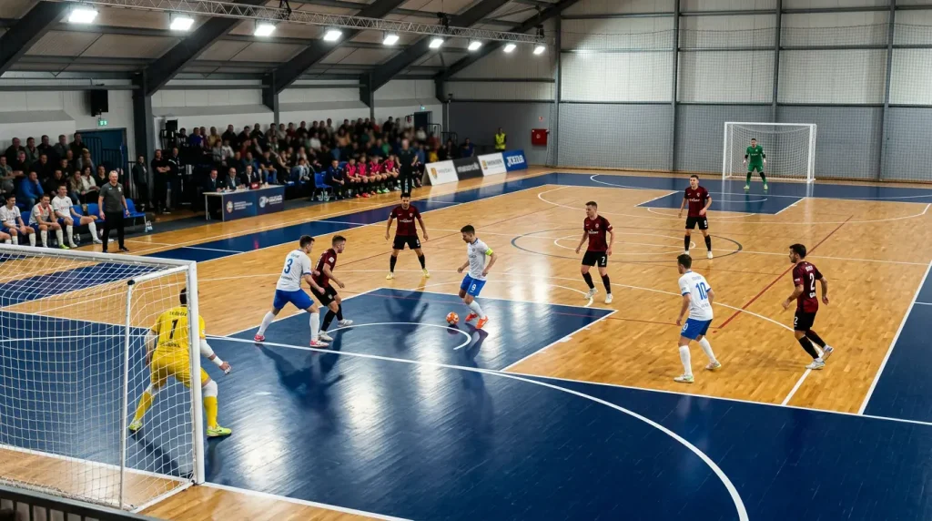 Vista aérea de una pista de fútbol sala con jugadores posicionados en formación táctica