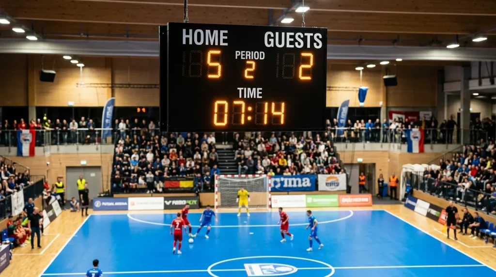 Marcador electrónico de un partido de fútbol sala mostrando diferencia de goles