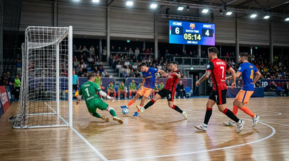 Pista de fútbol sala iluminada durante un partido oficial con marcador electrónico visible