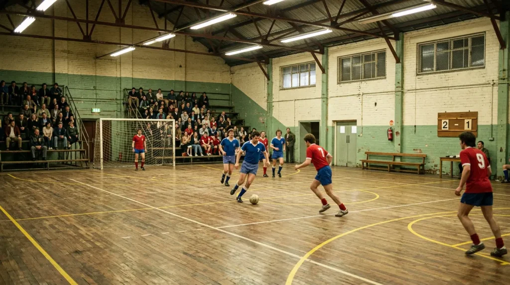 Pista de fútbol sala antigua con estilo retro evocando los orígenes del deporte