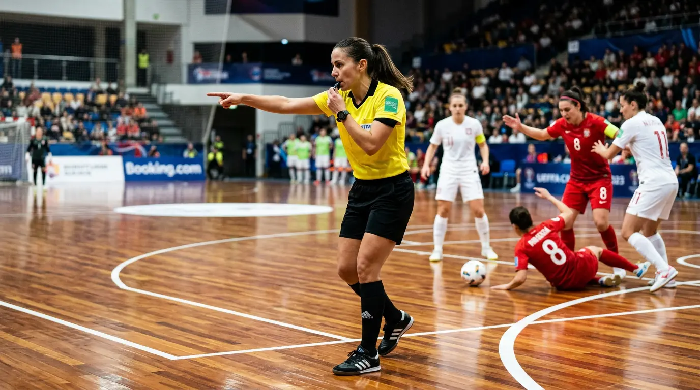 Árbitro de fútbol sala señalando una falta durante un partido en pabellón