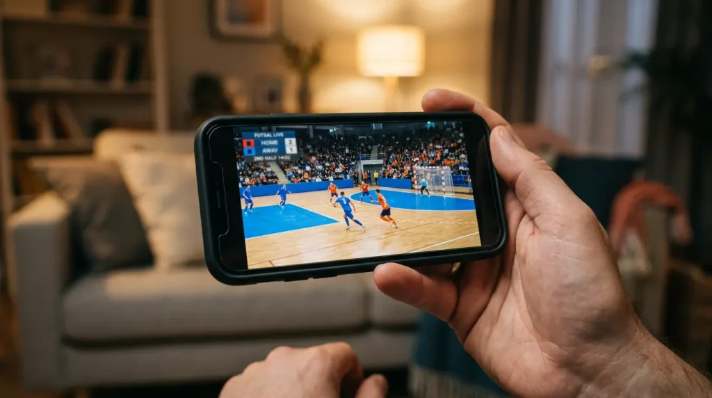 Pantalla de dispositivo móvil mostrando un partido de fútbol sala en directo