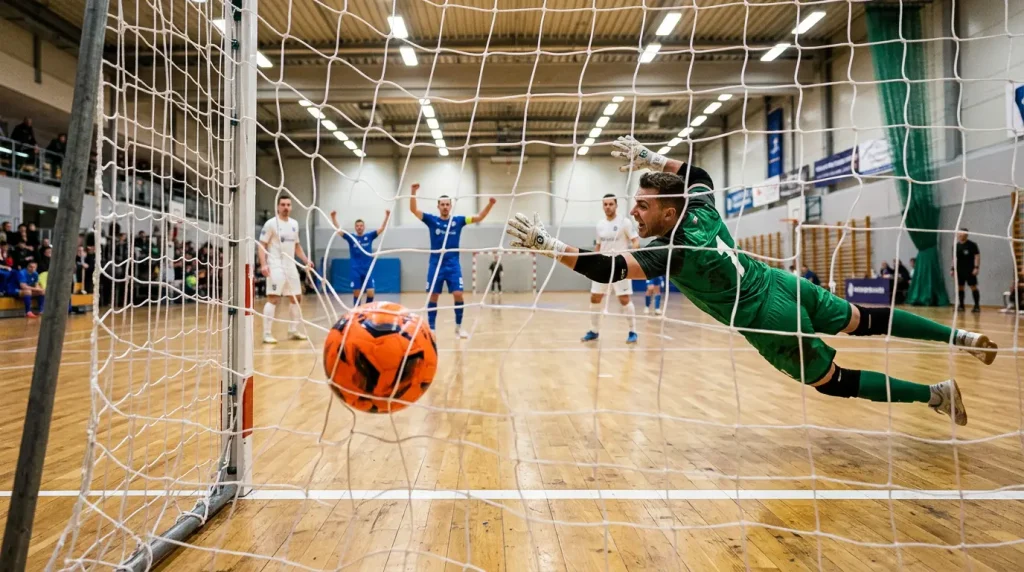 Balón de futsal entrando en la portería durante un gol en un partido de fútbol sala