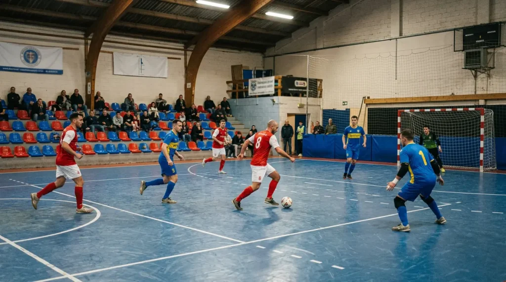 Pabellón deportivo modesto con partido de fútbol sala de división inferior