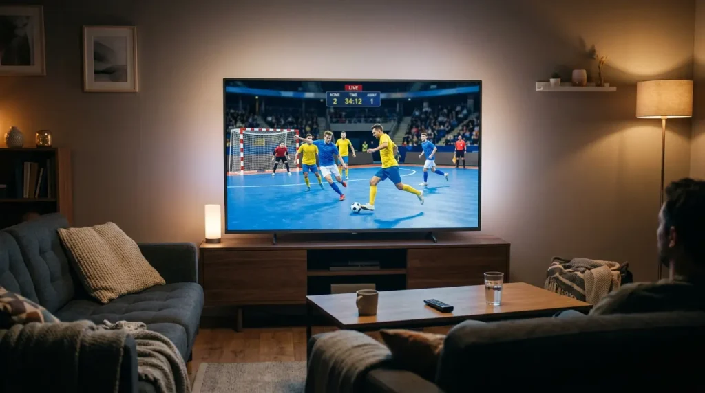 Pantalla de televisión mostrando una retransmisión en directo de fútbol sala