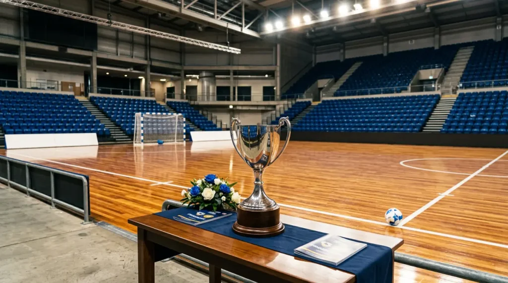 Trofeo de supercopa sobre una mesa junto a una pista de fútbol sala